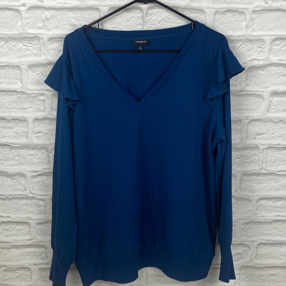 Torrid Womens Plus Size 0 Blue French Terry V-Neck Ruffle Sweatshirt